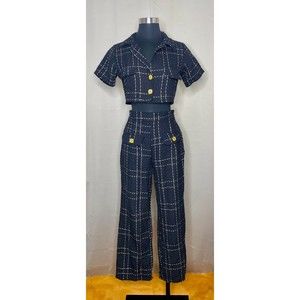 Womens Small Black Tweed Co-Ord Set Crop Top High Waist Pants Wide Leg